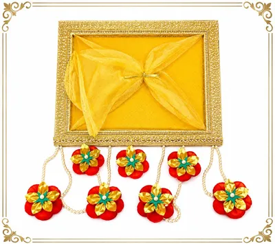 DECORATIVE GIFT PACKING TRAY WITH NET AND HANGING FLOWERS – WEDDING, FESTIVE & ALL-OCCASION GIFTING – GPT03