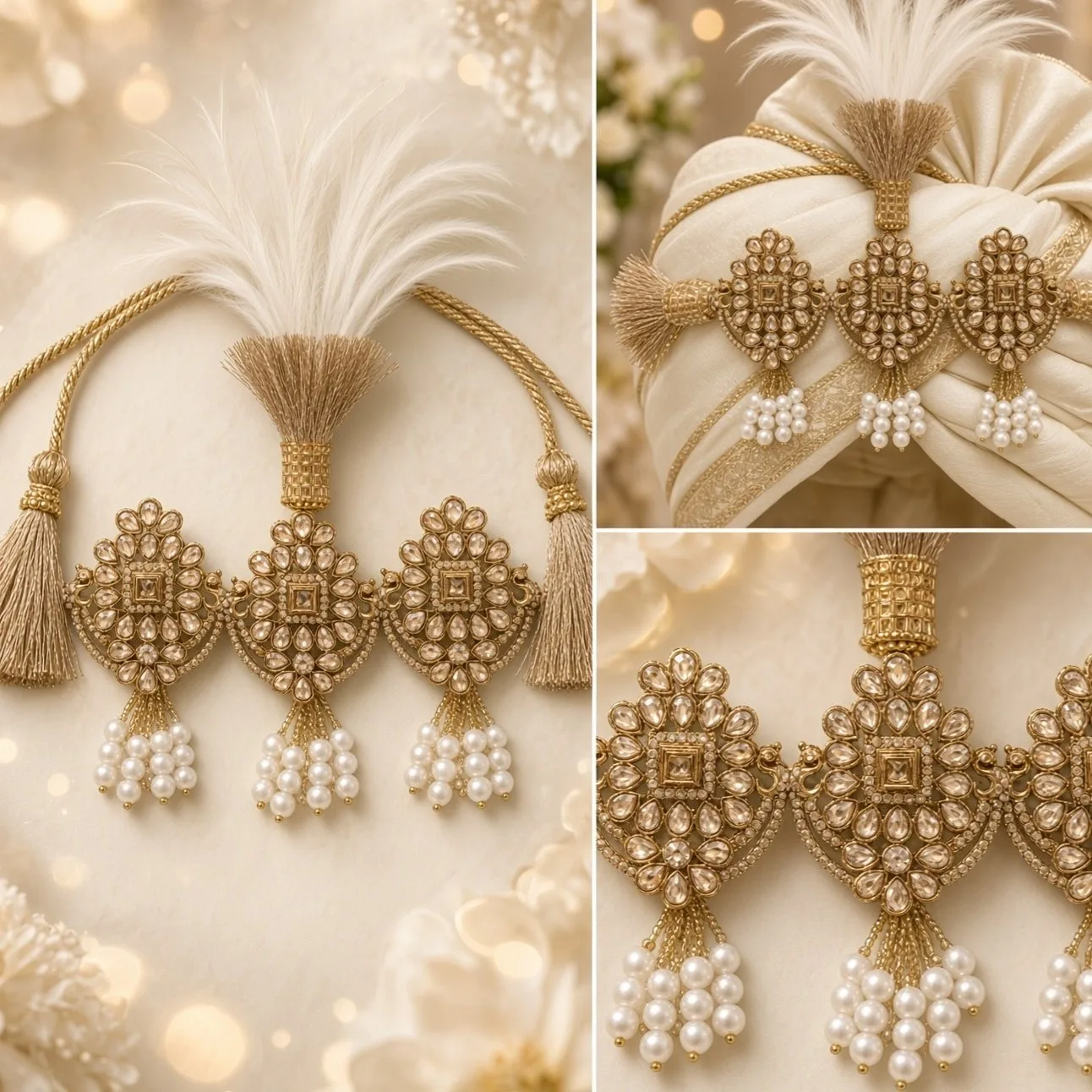 Handmade Groom Kalgi / Kalangi | Designer Turban Sarpech for Pagdi & Safa | Pearl, Moti, Stone Work & Feather hgk36