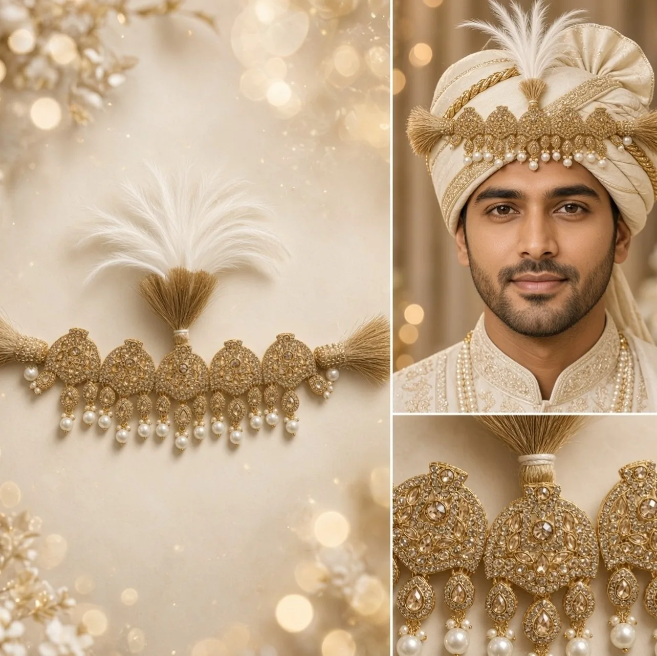 Handmade Groom Kalgi / Kalangi | Designer Turban Sarpech for Pagdi & Safa | Pearl, Moti, Stone Work & Feather hgk37