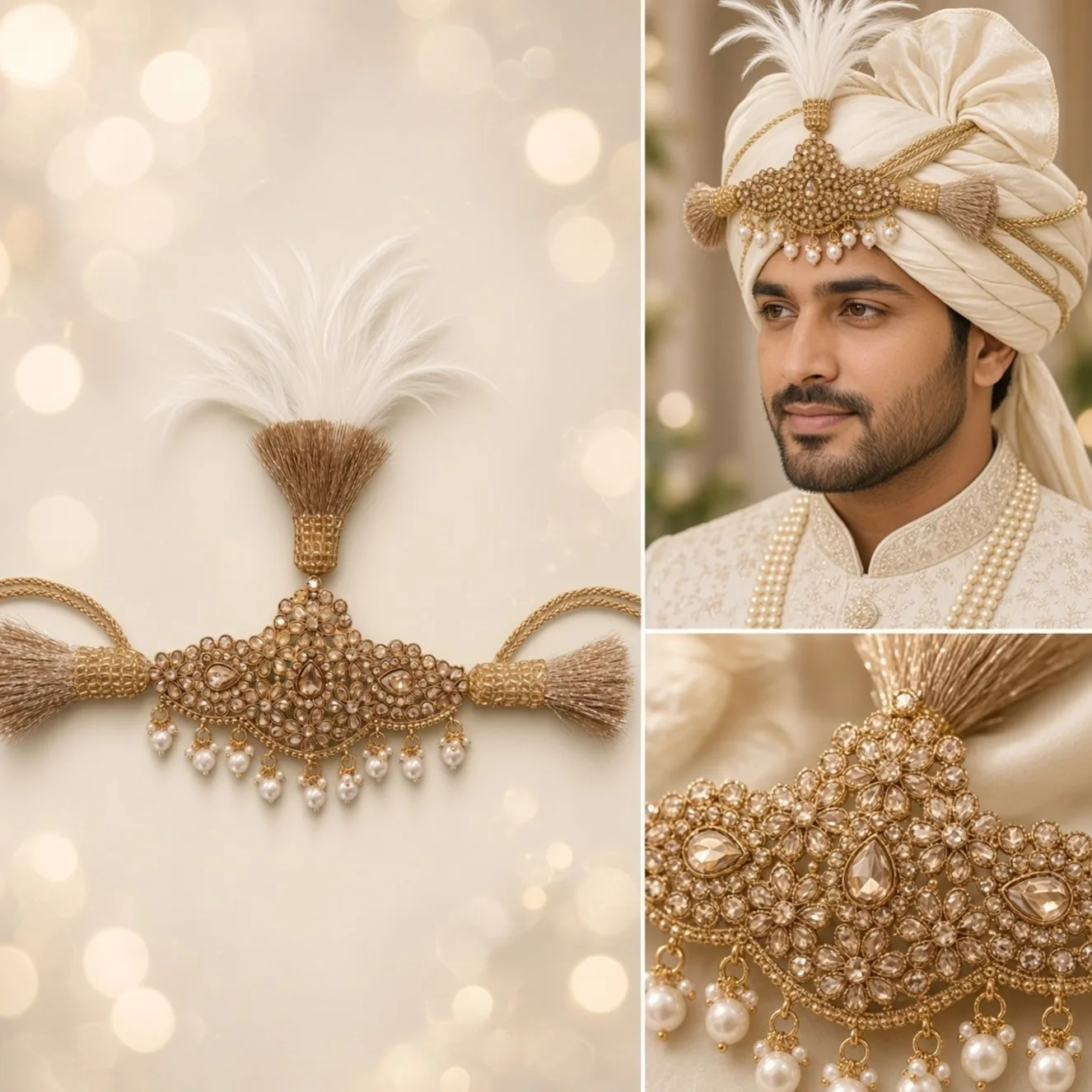 Handmade Groom Kalgi / Kalangi | Designer Turban Sarpech for Pagdi & Safa | Pearl, Moti, Stone Work & Feather hgk38