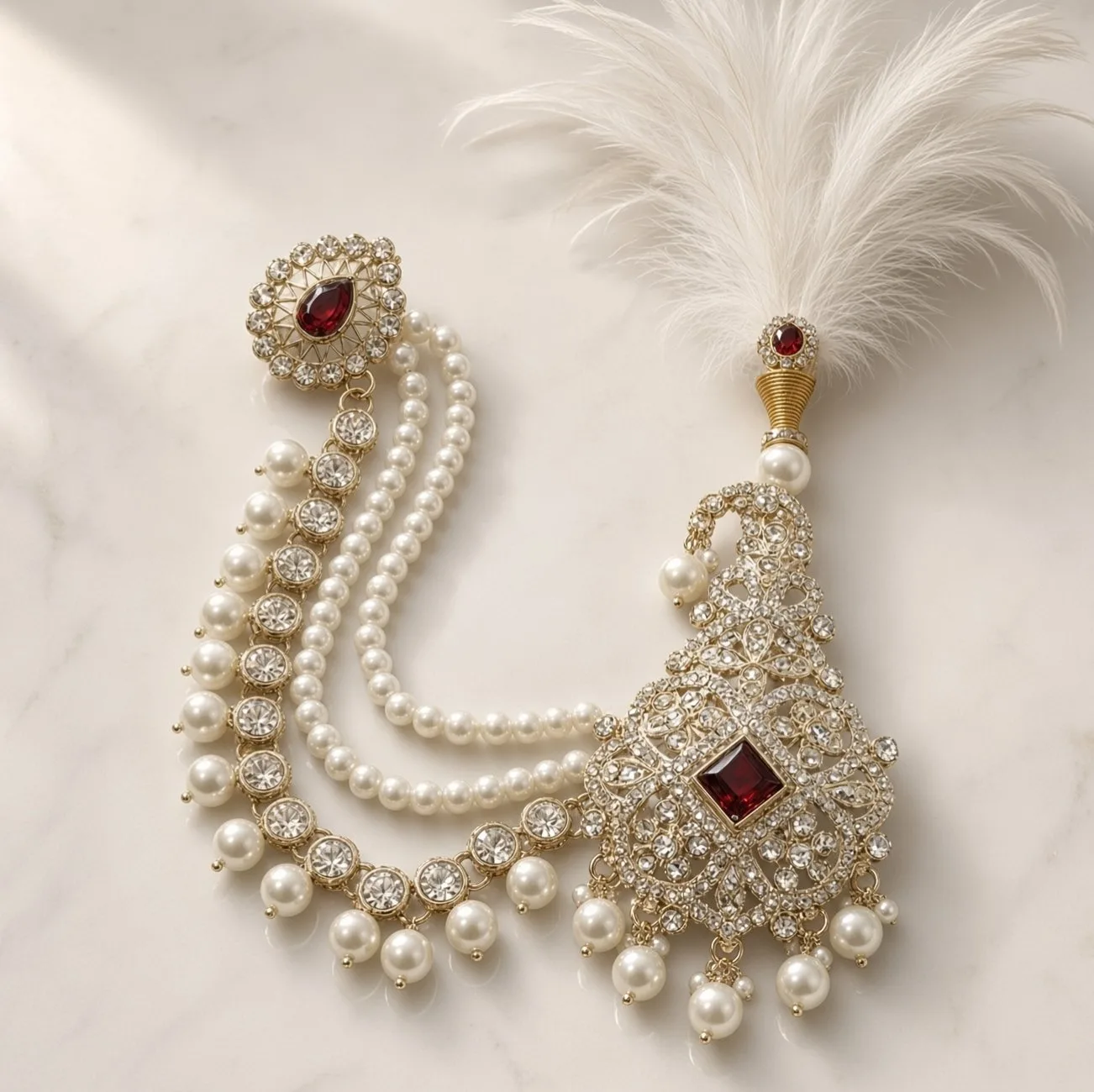 Handmade Groom Pearl Kalgi Set | Designer Kalangi with Moti Haar & Feather | Stone Work for Pagdi, Safa & Turban hgk21