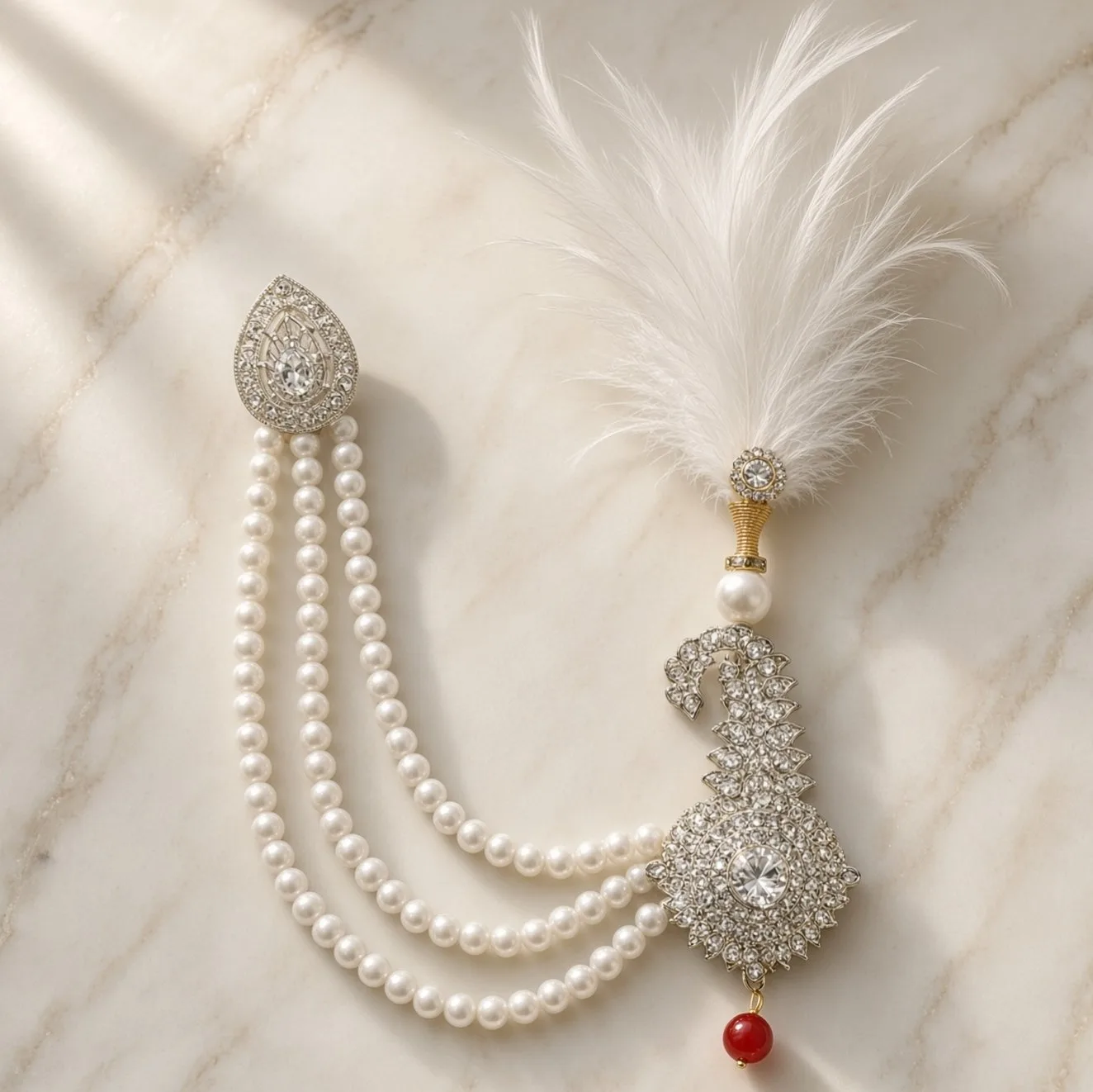 Handmade Groom Pearl Kalgi Set | Designer Kalangi with Moti Haar & Feather | Stone Work for Pagdi, Safa & Turban hgk22