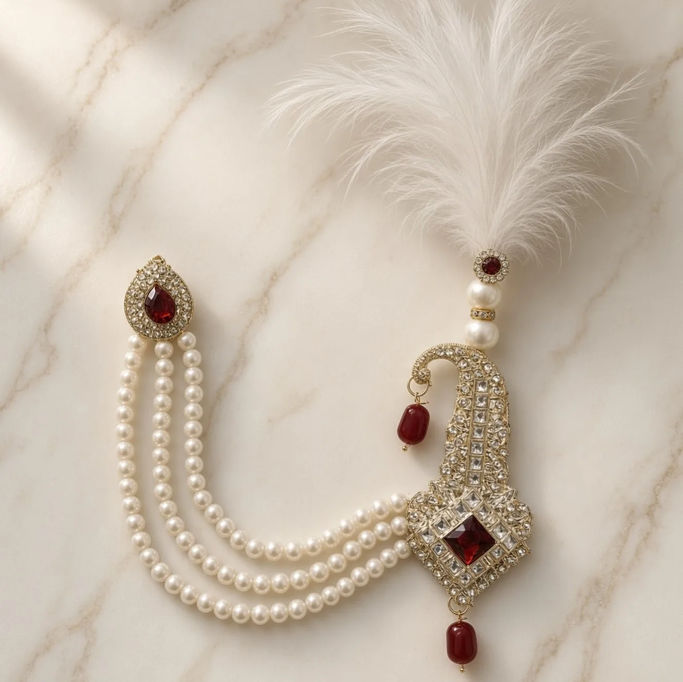 Handmade Groom Pearl Kalgi Set | Designer Kalangi with Moti Haar & Feather | Stone Work for Pagdi, Safa & Turban hgk23