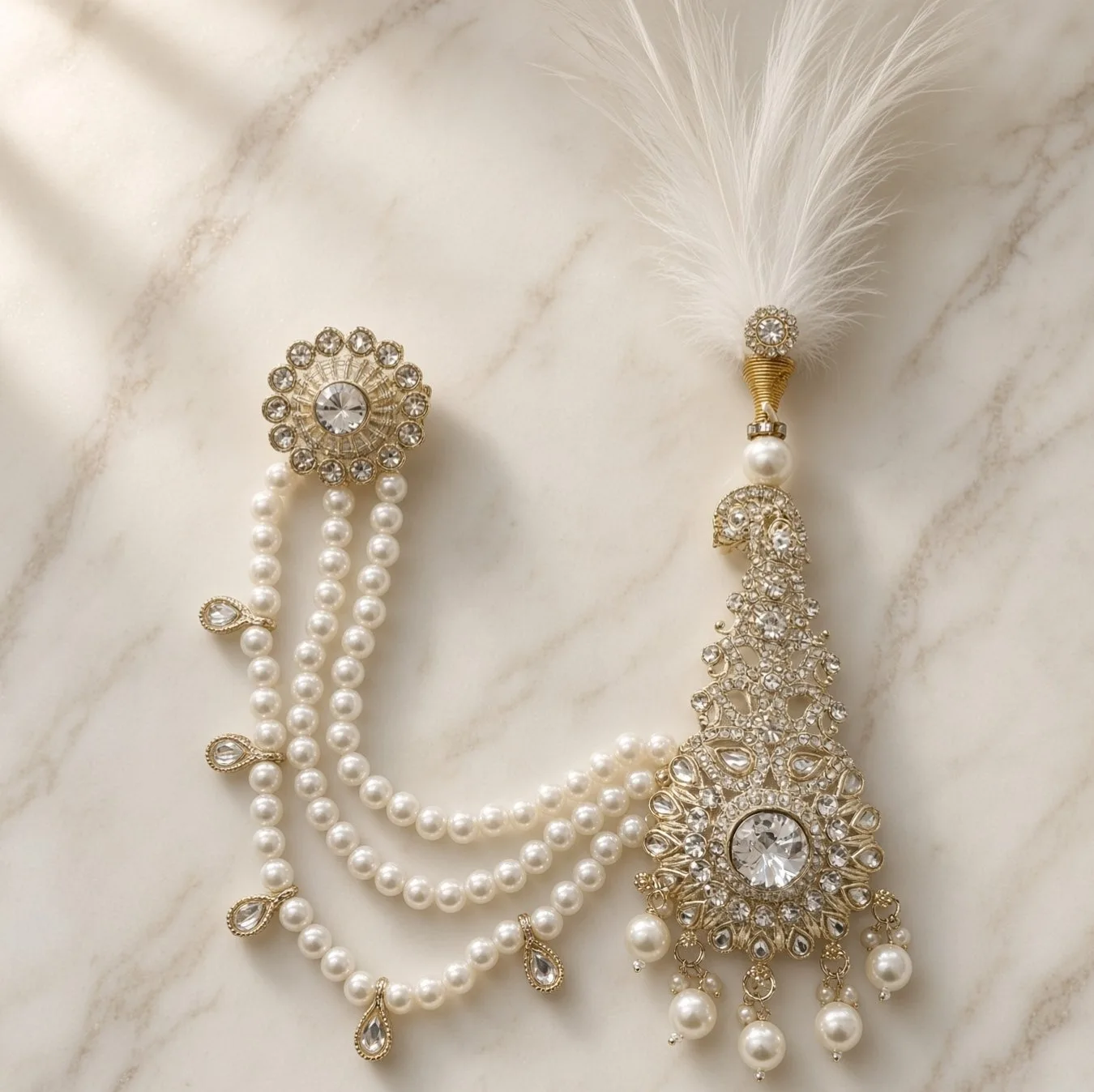 Handmade Groom Pearl Kalgi Set | Designer Kalangi with Moti Haar & Feather | Stone Work for Pagdi, Safa & Turban hgk24