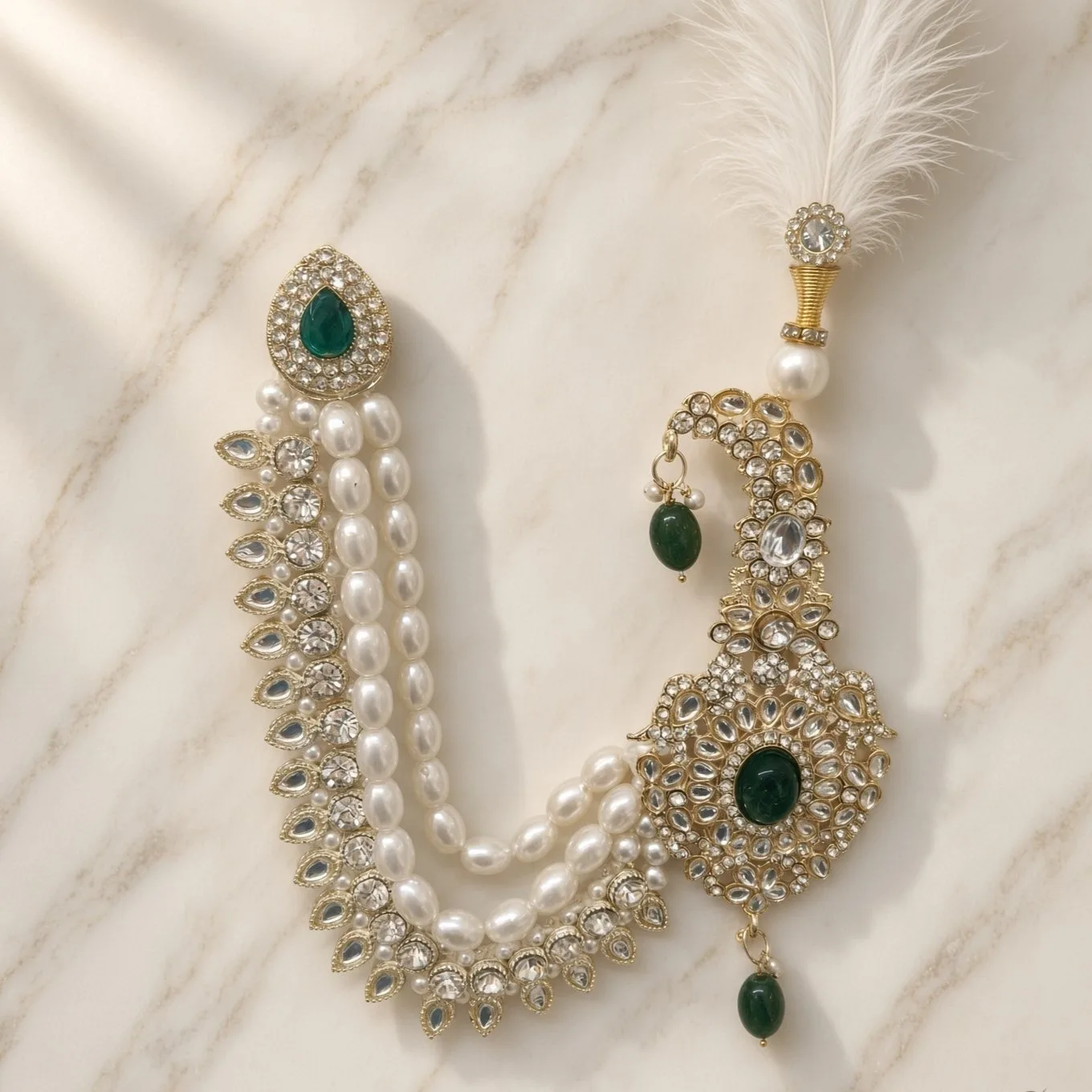 Handmade Groom Pearl Kalgi Set | Designer Kalangi with Moti Haar & Feather | Stone Work for Pagdi, Safa & Turban hgk25