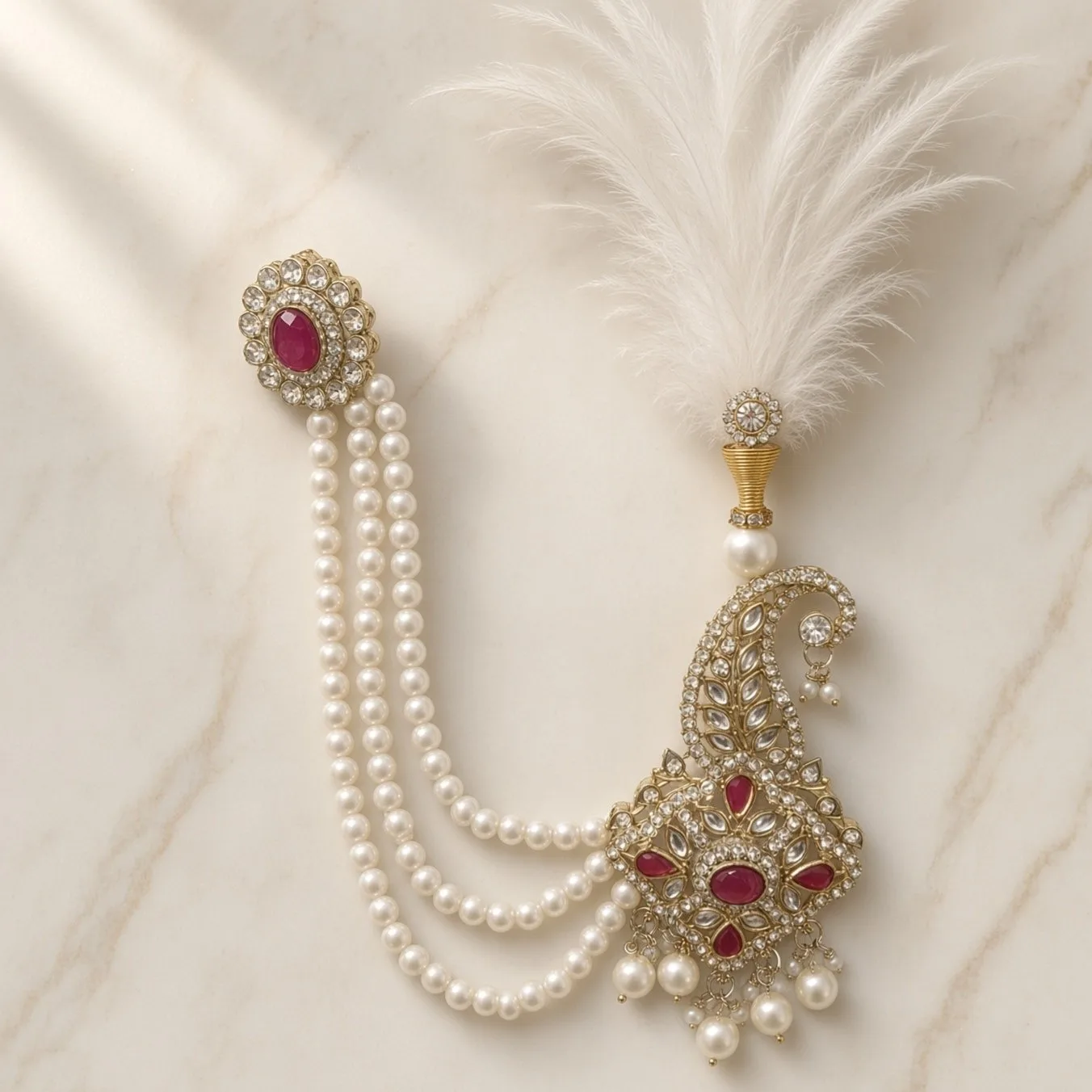 Handmade Groom Pearl Kalgi Set | Designer Kalangi with Moti Haar & Feather | Stone Work for Pagdi, Safa & Turban hgk26