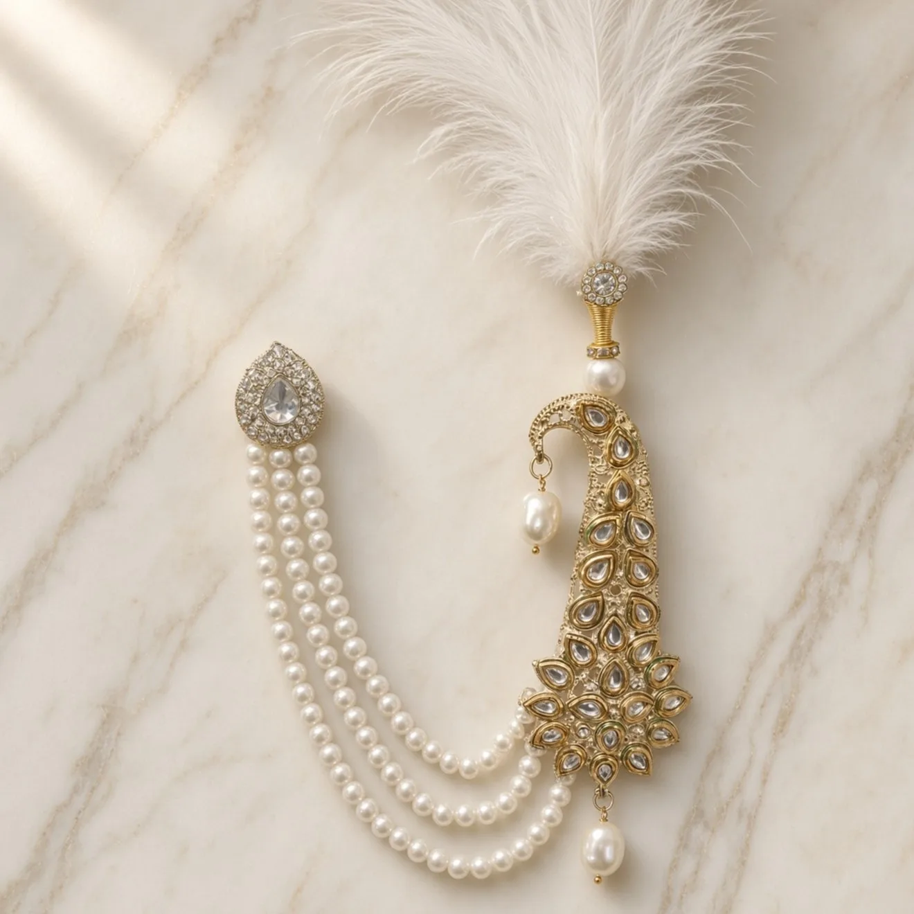Handmade Groom Pearl Kalgi Set | Designer Kalangi with Moti Haar & Feather | Stone Work for Pagdi, Safa & Turban hgk27