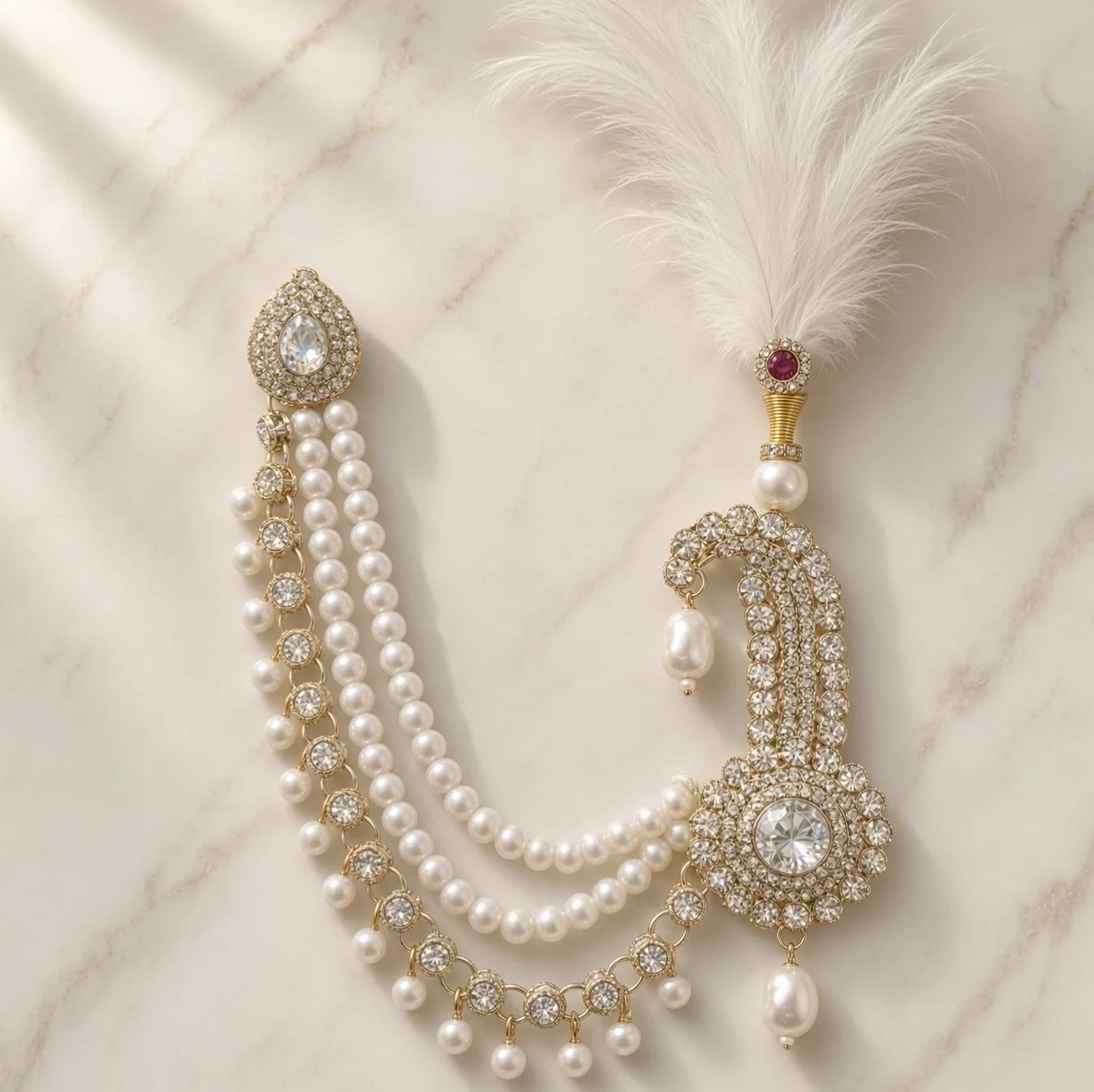 Handmade Groom Pearl Kalgi Set | Designer Kalangi with Moti Haar & Feather | Stone Work for Pagdi, Safa & Turban hgk28