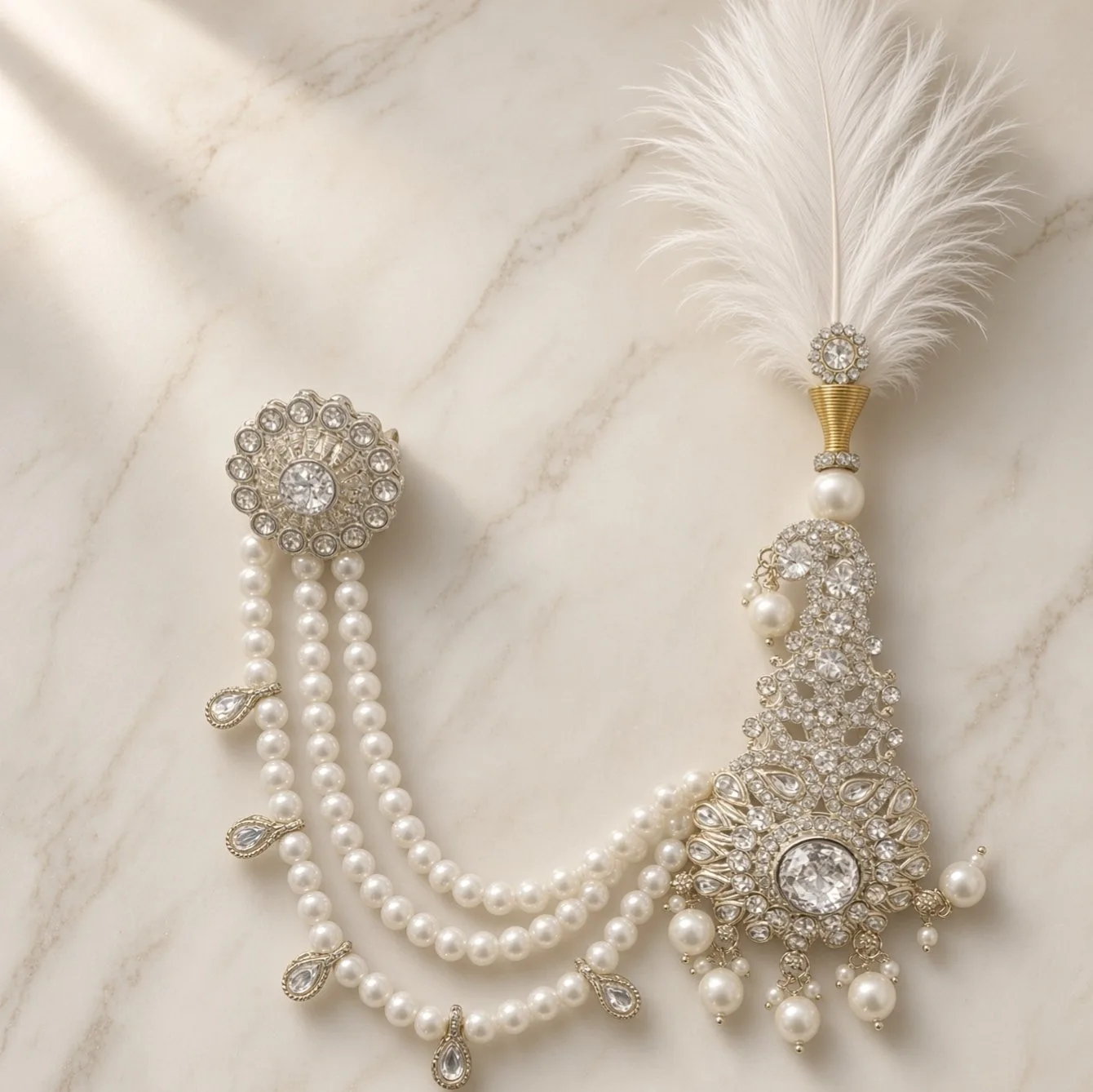 Handmade Groom Pearl Kalgi Set | Designer Kalangi with Moti Haar & Feather | Stone Work for Pagdi, Safa & Turban hgk30