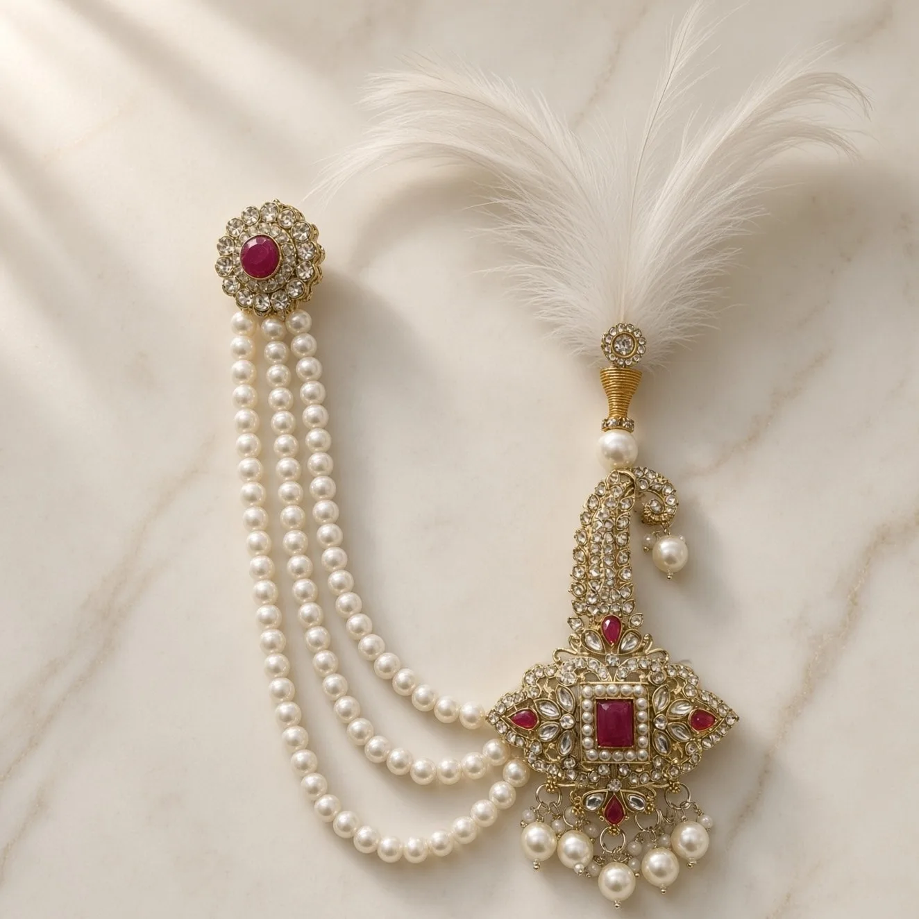 Handmade Groom Pearl Kalgi Set | Designer Kalangi with Moti Haar & Feather | Stone Work for Pagdi, Safa & Turban hgk31
