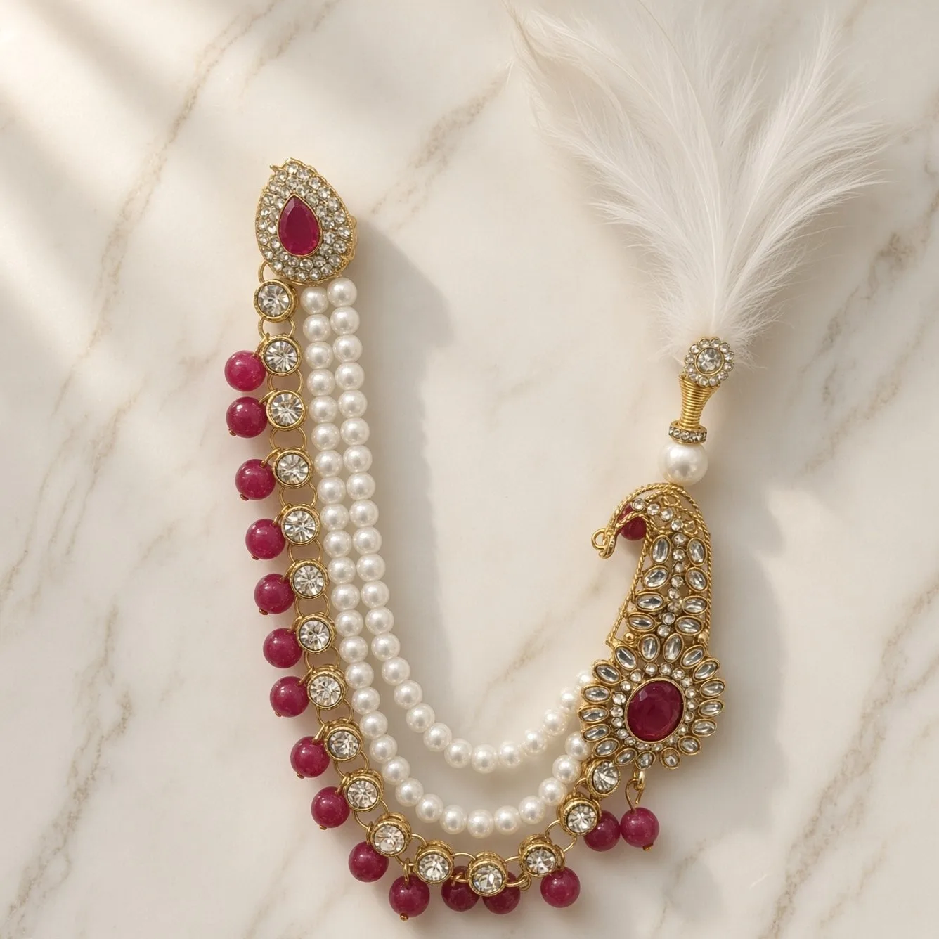 Handmade Groom Pearl Kalgi Set | Designer Kalangi with Moti Haar & Feather | Stone Work for Pagdi, Safa & Turban hgk35