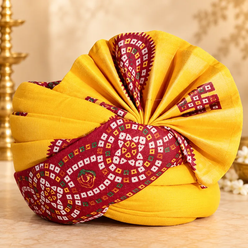 Men's Yellow Maroon Bandhani Wedding Safa Pagdi | Traditional Indian barati pagdi swagat pagdi / Turban