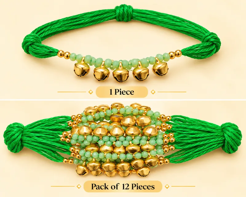 Traditional Wedding Ganna / Gaana Wrist Band for ladies / sath suhagan dhaga – Pack of 12 Pieces green with ghunghroo
