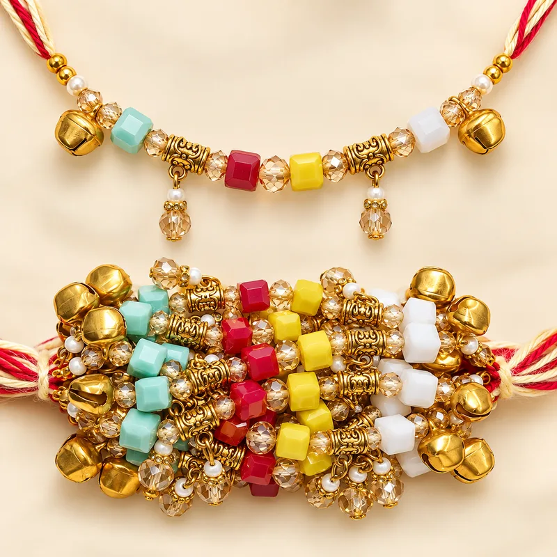 Traditional Wedding Ganna / Gaana Wrist Band for ladies / sath suhagan dhaga – Pack of 12 Pieces with ghunghroo and multicolour beads