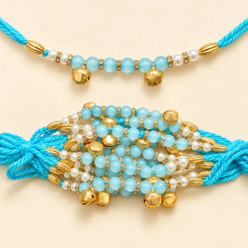 Traditional Wedding Ganna / Gaana Wrist Band for ladies / sath suhagan dhaga – Pack of 12 Pieces skyblue with ghunghroo and beads