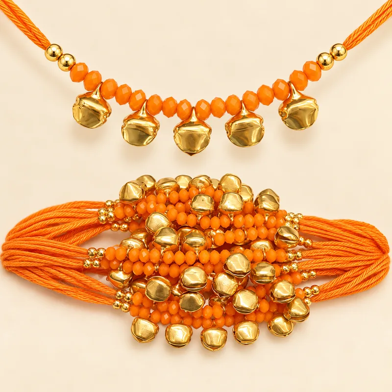 Traditional Wedding Ganna / Gaana Wrist Band for ladies / sath suhagan dhaga – Pack of 12 Pieces orange with ghunghroo