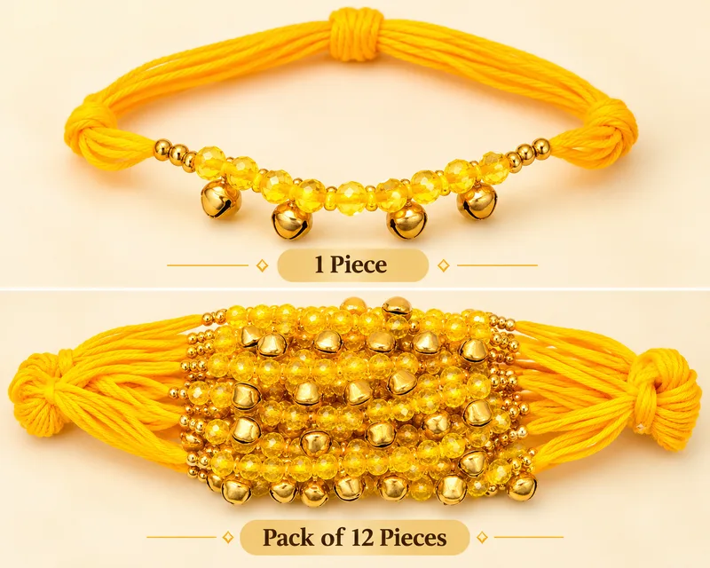 Traditional Wedding Ganna / Gaana Wrist Band for ladies / sath suhagan dhaga – Pack of 12 Pieces yellow with ghunghroo and beads