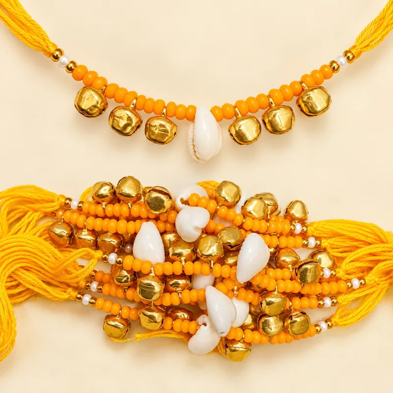 Traditional Wedding Ganna / Gaana Wrist Band for ladies / sath suhagan dhaga – Pack of 12 Pieces yellow with ghunghroo and kodi