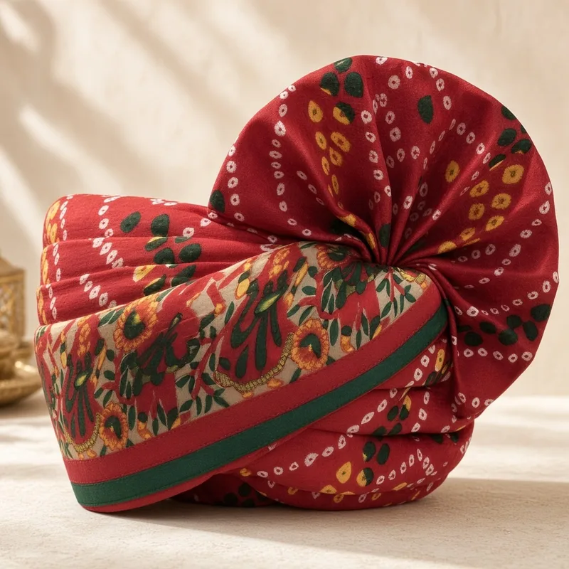 Men's Red Bandhani Wedding Safa Pagdi | Traditional Indian Groom Rajasthani Wedding Turban with Embroidered Floral Border