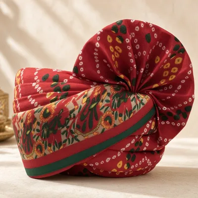 Men's Red Bandhani Wedding Safa Pagdi | Traditional Indian Groom Rajasthani Wedding Turban with Embroidered Floral Border