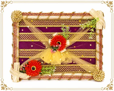 DECORATIVE GIFT PACKING TRAY WITH FLOWERS AND NET – WEDDING, FESTIVE & ALL-OCCASION GIFTING – GPT06