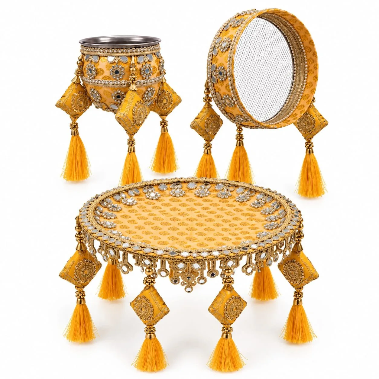 Premium Orange Designer Karwa Chauth Thali Set with latkan