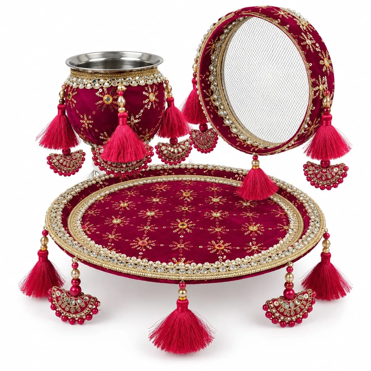 Premium Rani Pink Colour Designer Karwa Chauth Thali Set