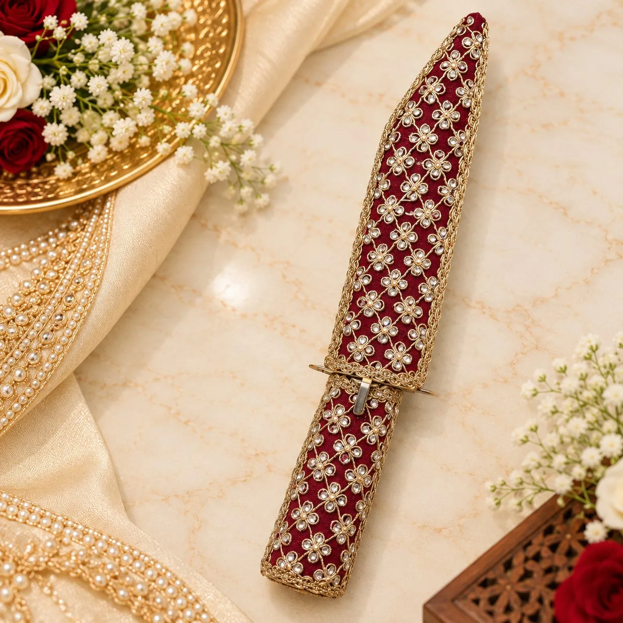 Premium Designer Kirpan / Katar 12 Inch Handmade Wooden Cover with Gotawork Maroon Fancy