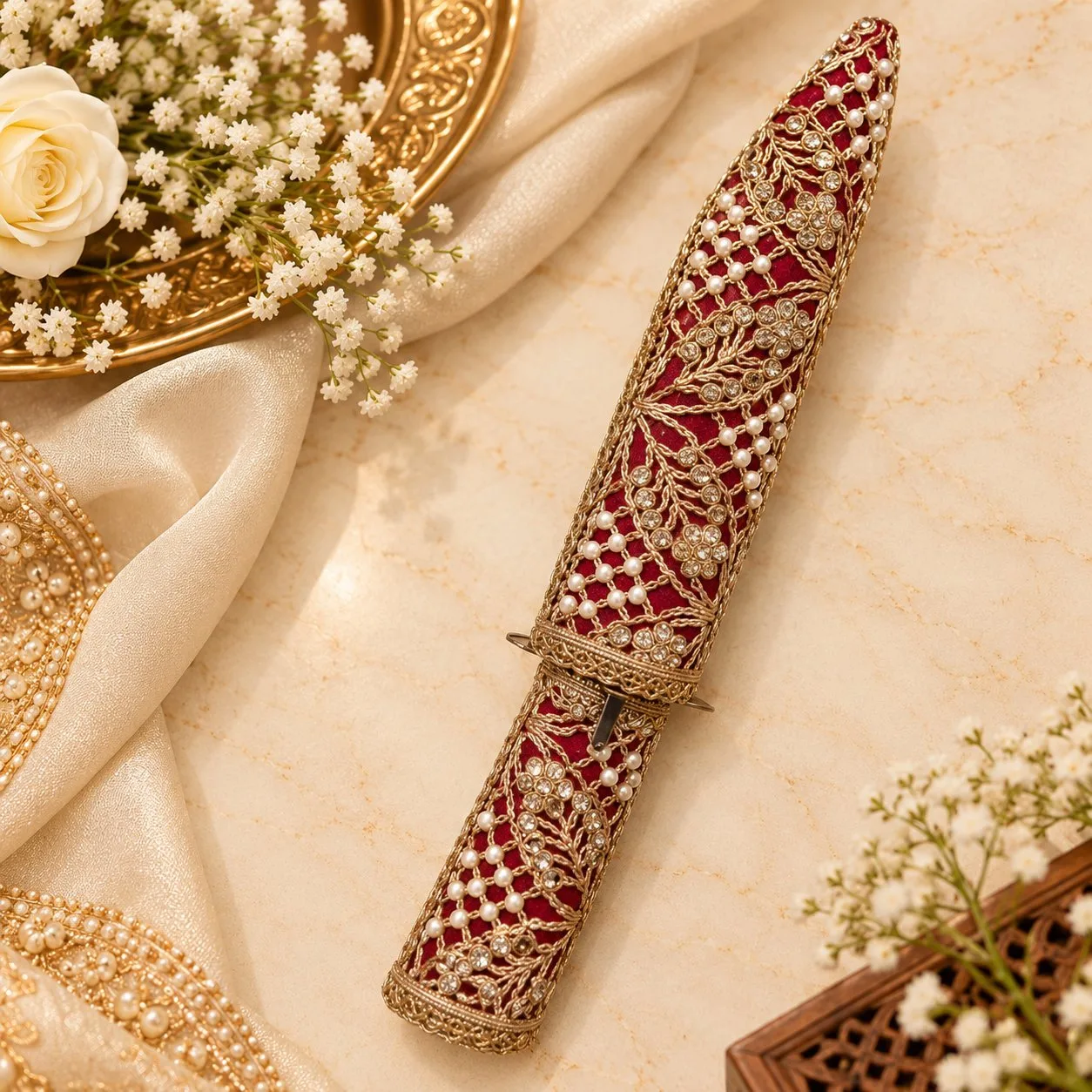 Premium Designer Kirpan / Katar 12 Inch Handmade Wooden Cover with GotaWork Red designer Cover
