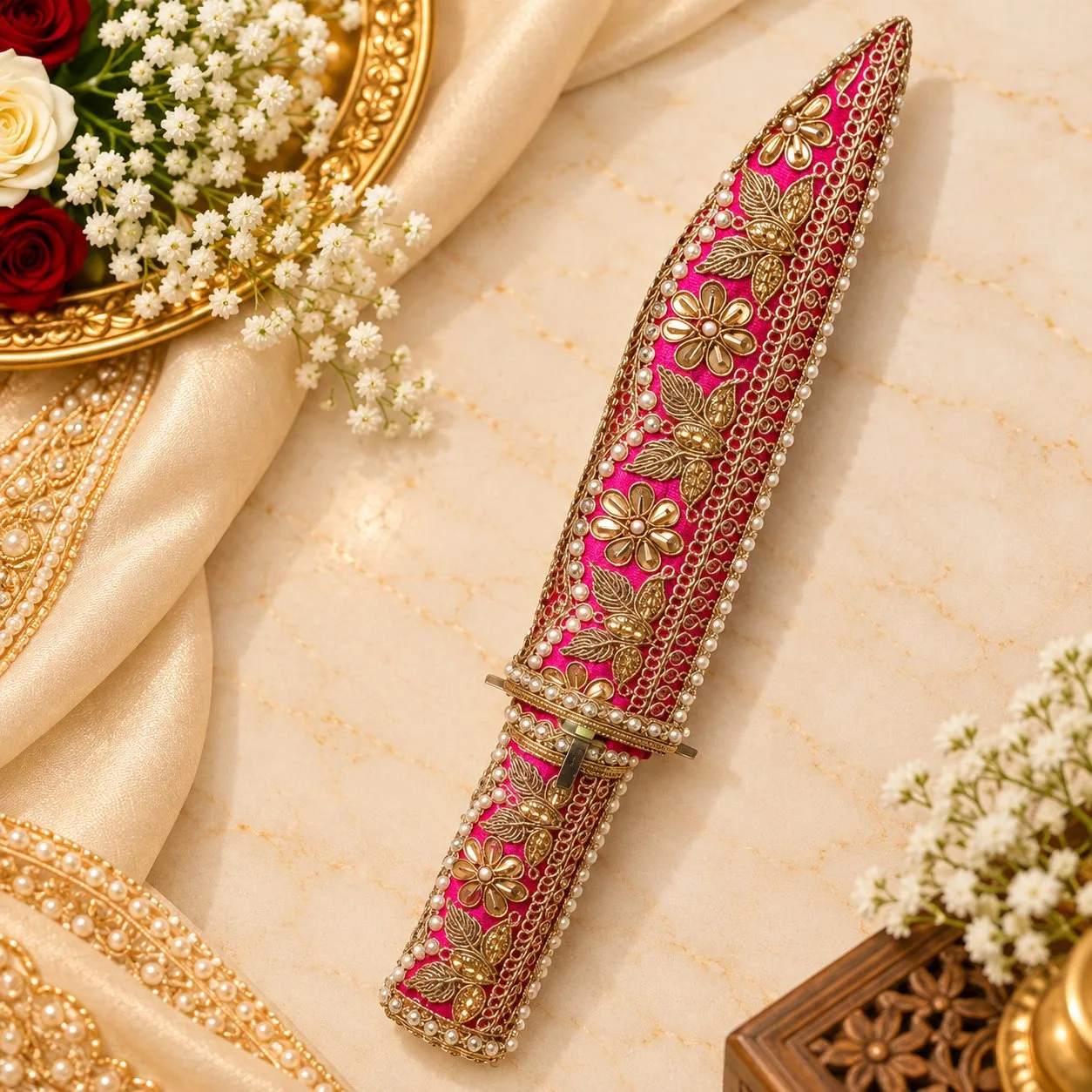 Premium Designer Kirpan / Katar 12 Inch Handmade Wooden Cover with GotaWork Rani Colour