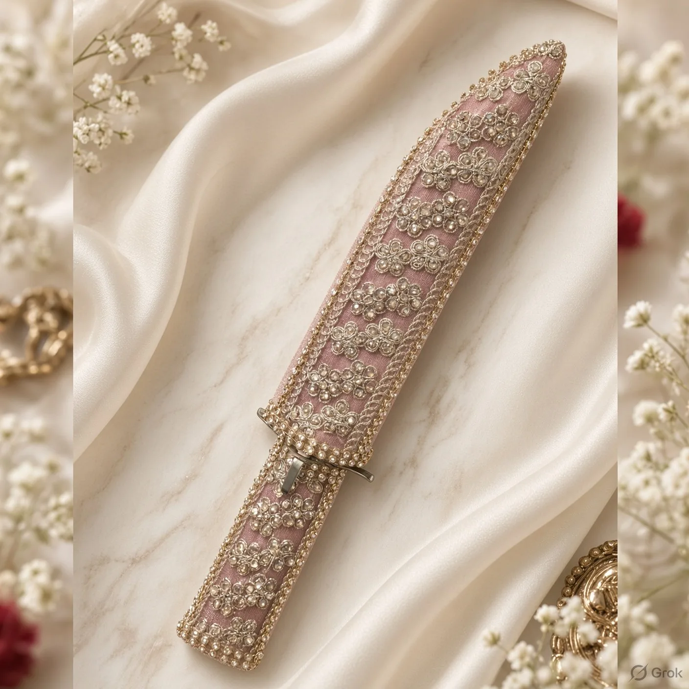 Premium Designer Kirpan / Katar 12 Inch Handmade Wooden Cover with GotaWork light pink Silver Stones