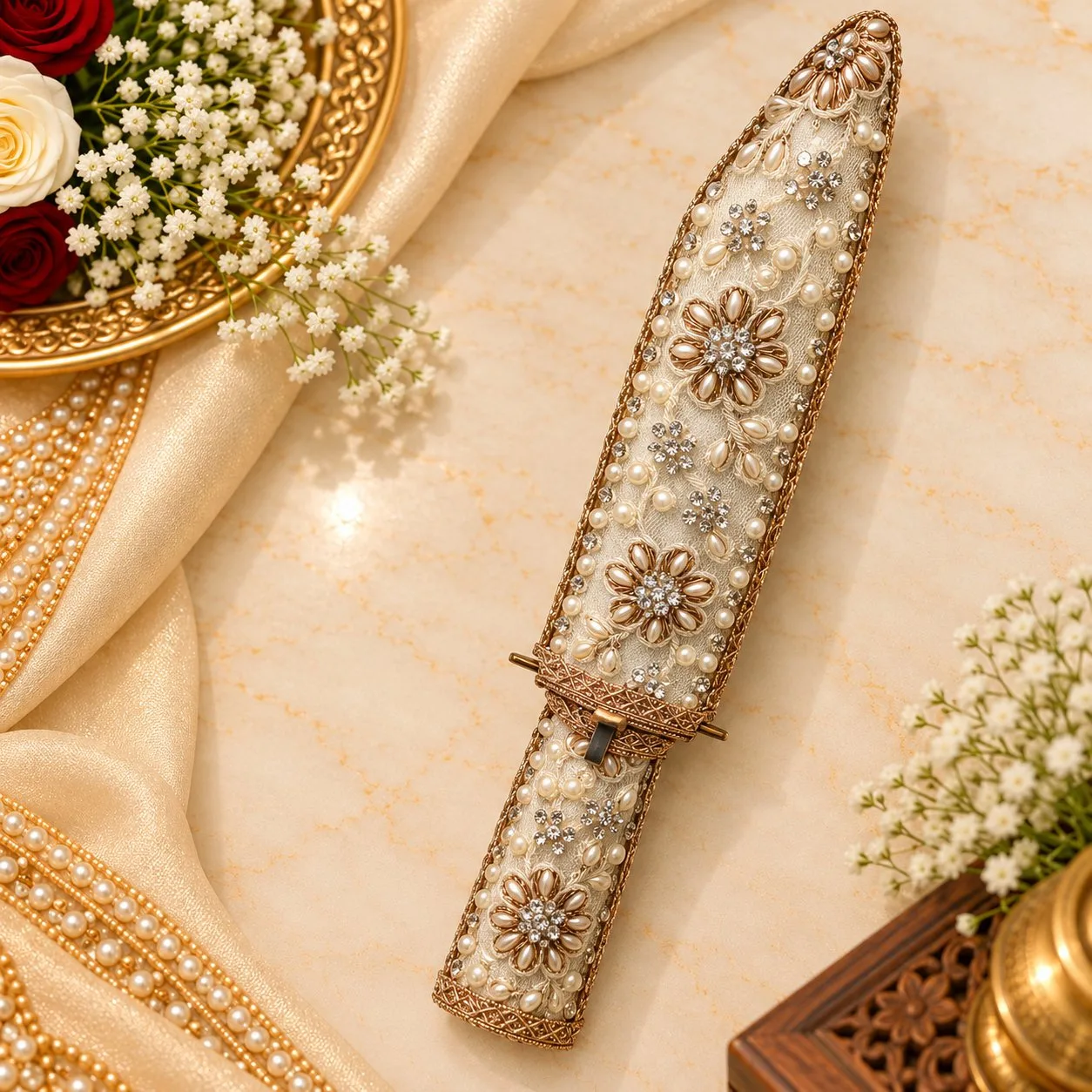 Premium Designer Kirpan / Katar 12 Inch Handmade Wooden Cover with GotaWork White Golden