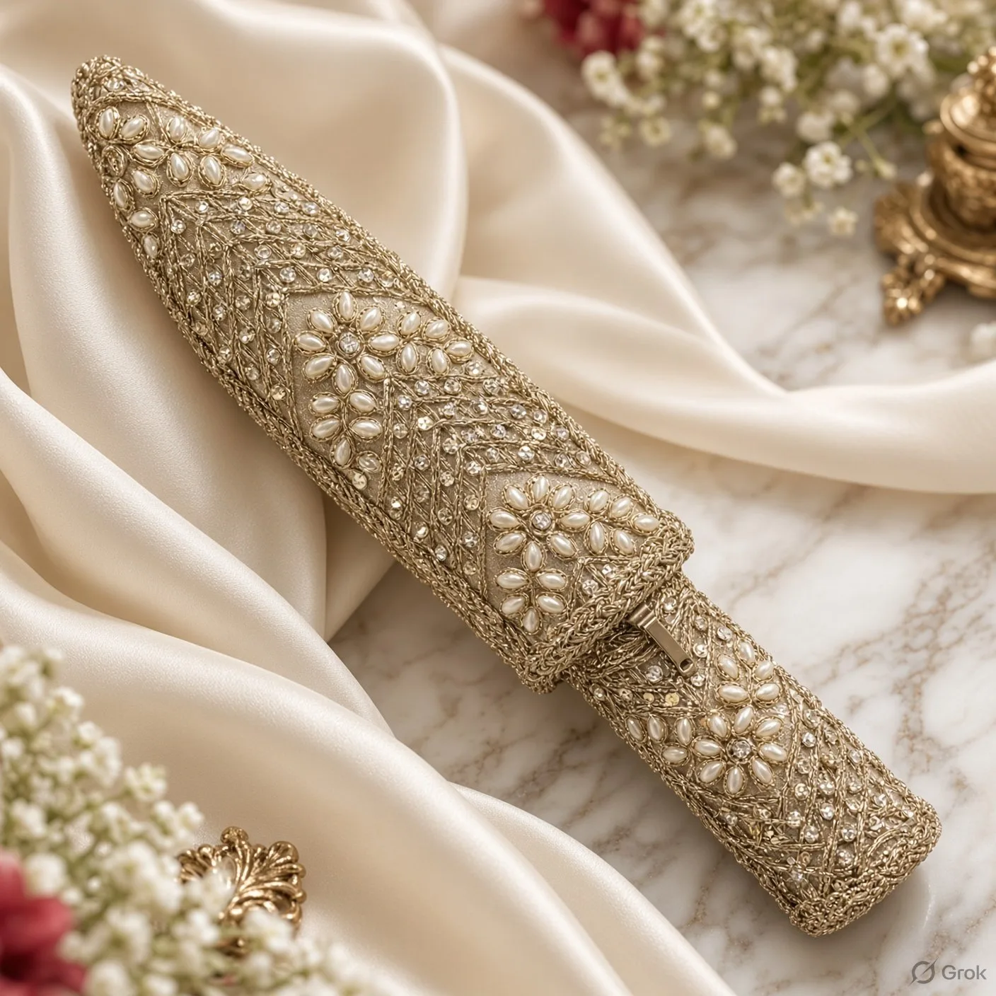 Premium Designer Kirpan / Katar 12 Inch Handmade Wooden Cover with GotaWork Ivory Cream