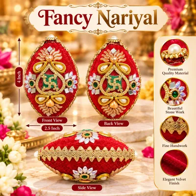 Premium Fancy Nariyal / Designer Coconut for Pooja, Wedding & Shagun Red colour velvet 1 Piece thumbnail 1