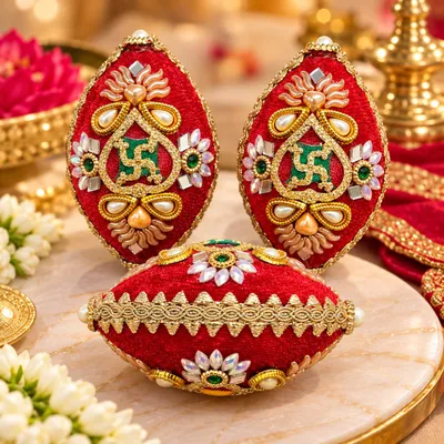 Premium Fancy Nariyal / Designer Coconut for Pooja, Wedding & Shagun Red colour velvet 1 Piece