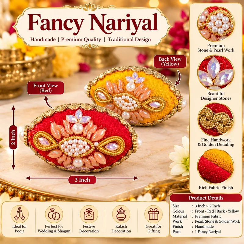 Designer Fancy Nariyal Coconut Handmade Red & Yellow Velvet Pooja Nariyal 1 piece
