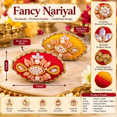 Designer Fancy Nariyal Coconut Handmade Red & Yellow Velvet Pooja Nariyal 1 piece thumbnail 1