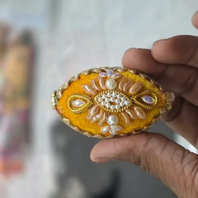 Designer Fancy Nariyal Coconut Handmade Red & Yellow Velvet Pooja Nariyal 1 piece thumbnail 3
