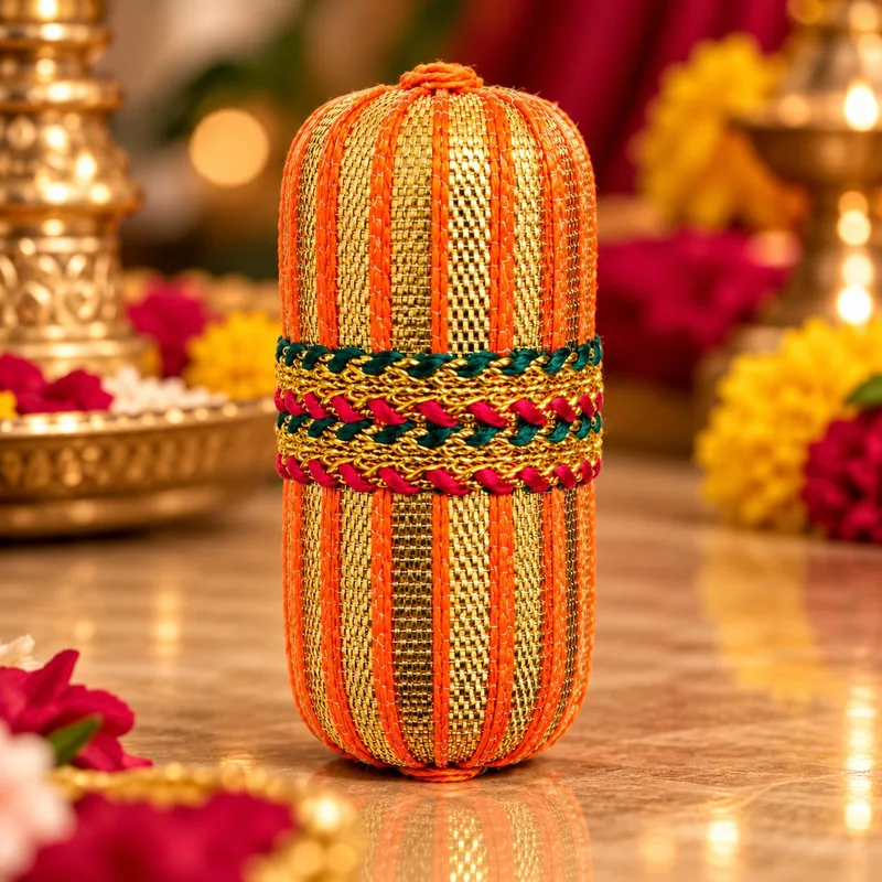 Designer Fancy Nariyal – Orange & Golden gota Traditional Decorative Nariyal 1 piece