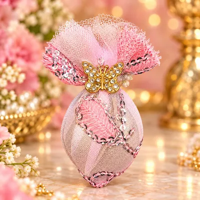 Premium Pink Designer Fancy Nariyal Butterfly Embellished Decorative Nariyal Coconut 1 piece