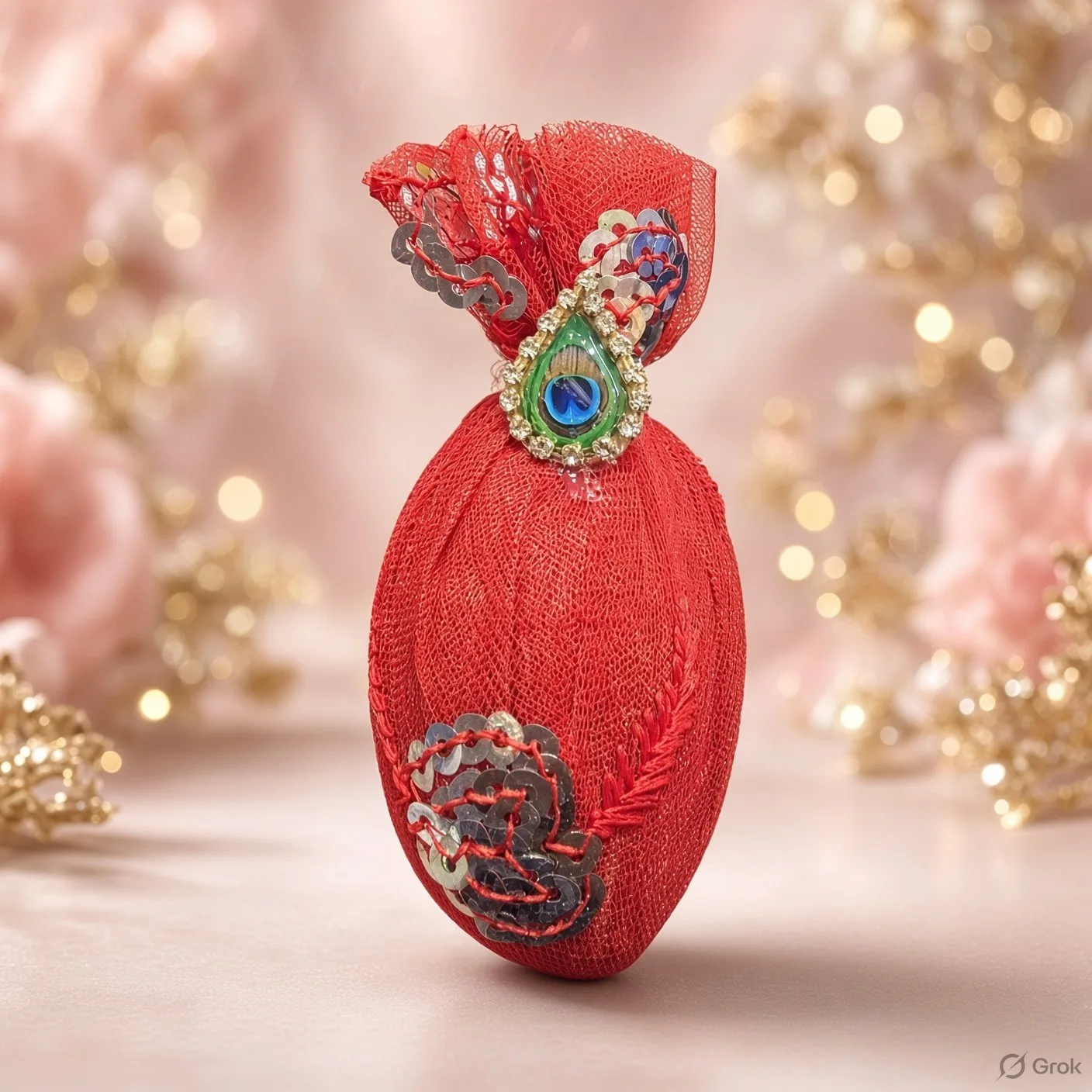 Premium Red Designer Fancy Nariyal | Handmade Peacock Stone Wedding & Pooja Coconut 1 piece