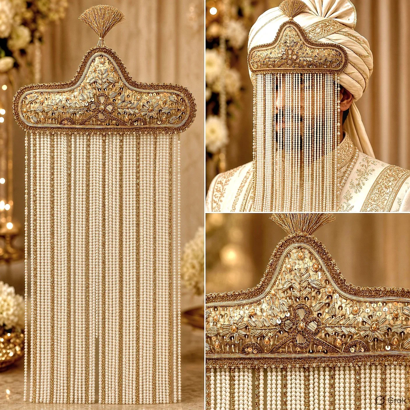 Premium Designer Groom Sehra Pearl and Golden Bead Wedding Sehra