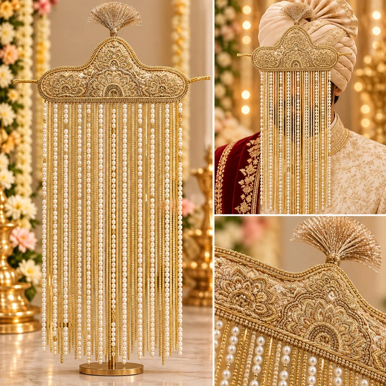 Premium Designer Groom Sehra Pearl and Golden Bead Wedding Sehra