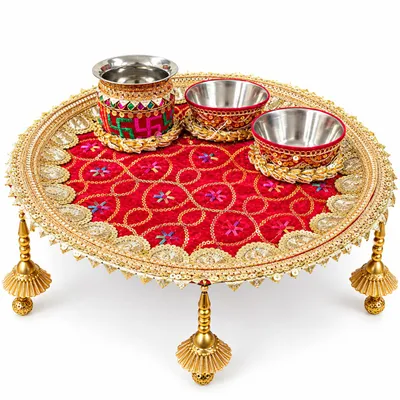 Designer Pooja Thali Set with 1 Plate 2 Katori and 1 Lota Karwa Chauth Pooja and Festive Decor