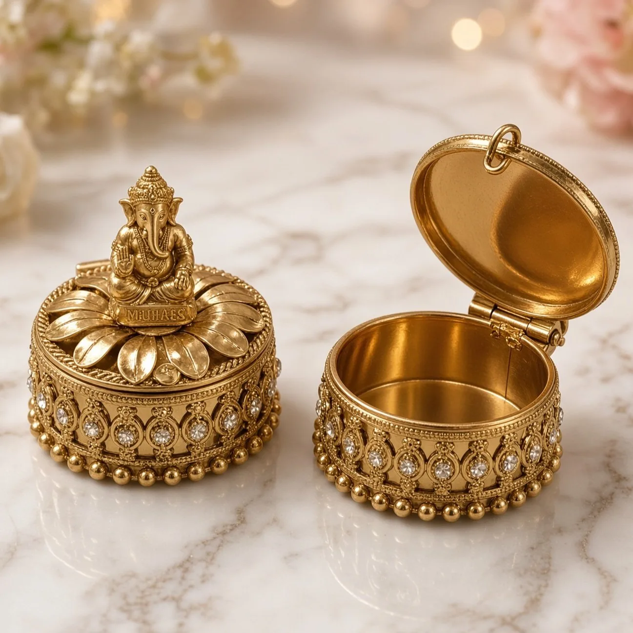 Antique Gold Kumkum, Jewellery, coin Box, sindhoor dabi, Gift items Ganesha