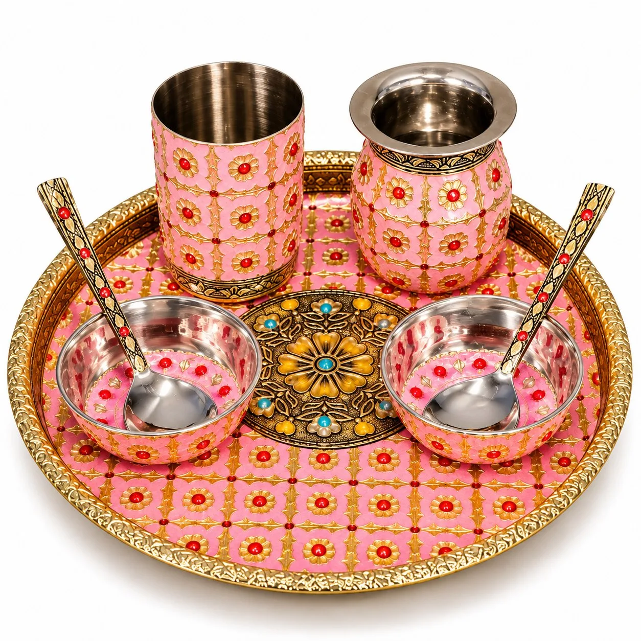 Pink Meenakari Pooja Thali Set 10 Inch