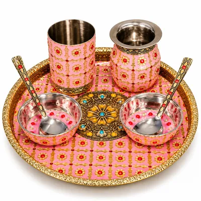 Pink Meenakari Pooja Thali Set 10 Inch