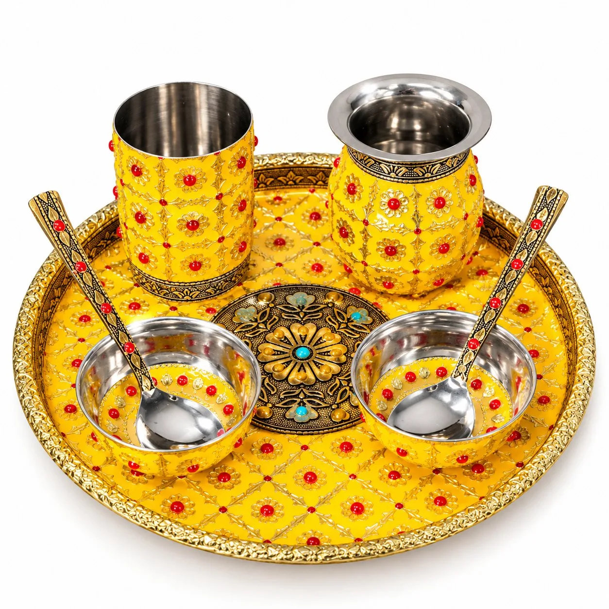 Yellow Meenakari Pooja Thali Set 10 Inch