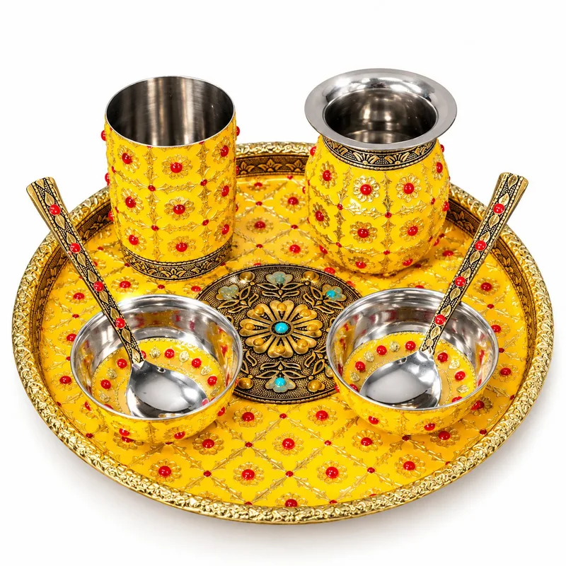 Yellow Meenakari Pooja Thali Set 10 Inch