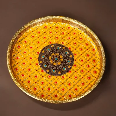 Yellow Meenakari Pooja Thali Set 10 Inch thumbnail 2